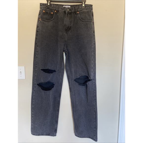 Motel Rocks Faded Black Distressed Wide Roomy 5-Pocket Denim Jeans Womens Large - Picture 1 of 14
